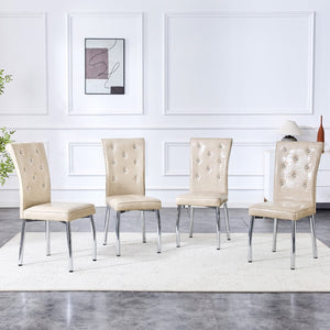 English Elm A Set of 2 Crystal Button Faux Leather Dining Chairs with Embossed Croc Texture Beige,Silver W3226P344041