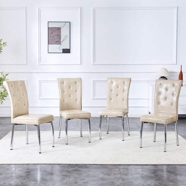 English Elm A Set of 2 Crystal Button Faux Leather Dining Chairs with Embossed Croc Texture Beige W3226P340250