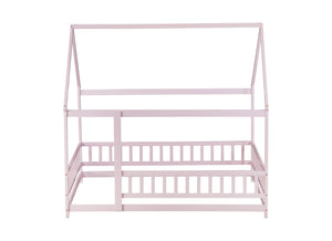 English Elm Full Size House Floor Bed With Roof Frame & Guardrails - Cozy Pink Wooden Design For Kids W504P286410
