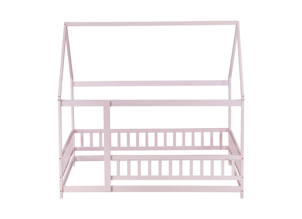 English Elm Full Size House Floor Bed With Roof Frame & Guardrails - Cozy Pink Wooden Design For Kids W504P286410