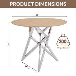 English Elm 37inch Round Dining Table Warm Wood Grain Top Silver Tripod Base Seats Four W3357P395501
