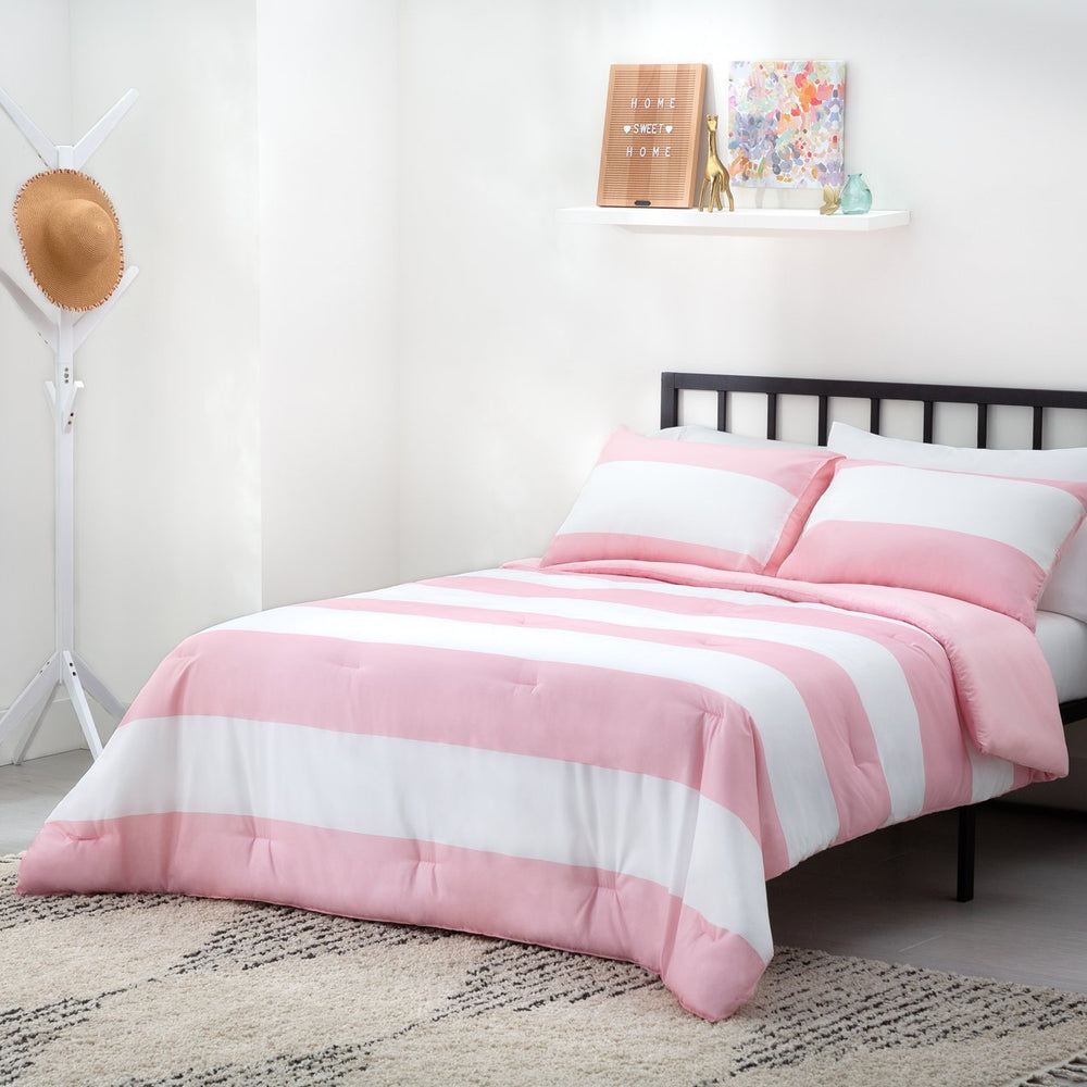English Elm Linenspa Reversible Microfiber Comforter Set Cal King Pink & White Rugby Stripe with Shams, Hypoallergenic Fill B350P326215