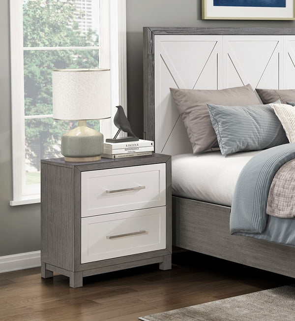 English Elm Two Drawer Nightstand Ivory & Gray Finish 24"x15.5"x27" Rustic Bedroom Accent with 2 Soft-Close Drawers B011P290769