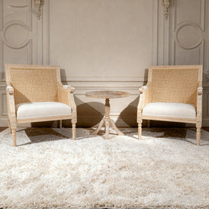 English Elm French Accent Chair Beige Upholstered Rattan Back Armchair — Vintage Solid Wood Reading Seat for Homes W3426P394275