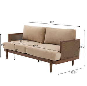 English Elm Emir Three Seat Boucle Sofa with Handwoven Cane Arms and Walnut Tapered Legs Camel N773P285909C