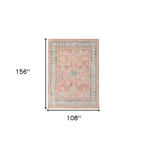 HomeRoots 9' Coral and Blue Oriental Area Rug - Classic Design, Durable, Easy-Care, Perfect for Large Spaces 9' X 13' 532000