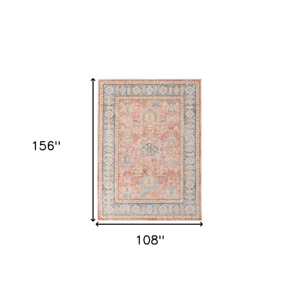 HomeRoots 9' Coral and Blue Oriental Area Rug - Classic Design, Durable, Easy-Care, Perfect for Large Spaces 9' X 13' 532000