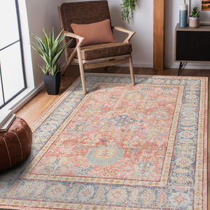 HomeRoots 9' Coral and Blue Oriental Area Rug - Classic Design, Durable, Easy-Care, Perfect for Large Spaces 5' X 8' 532003