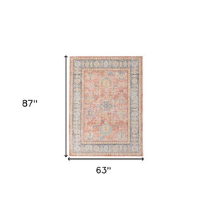 HomeRoots 9' Coral and Blue Oriental Area Rug - Classic Design, Durable, Easy-Care, Perfect for Large Spaces 5' X 8' 532003