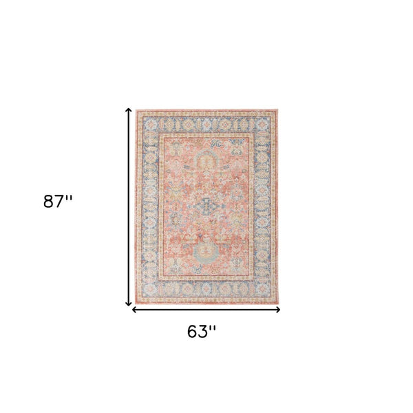 HomeRoots 9' Coral and Blue Oriental Area Rug - Classic Design, Durable, Easy-Care, Perfect for Large Spaces 5' X 8' 532003