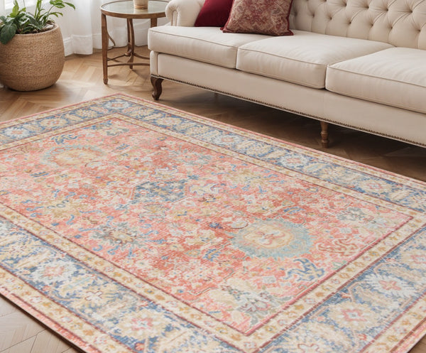 HomeRoots 9' Coral and Blue Oriental Area Rug - Classic Design, Durable, Easy-Care, Perfect for Large Spaces 5' X 8' 532003