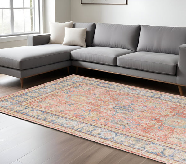 HomeRoots 9' Coral and Blue Oriental Area Rug - Classic Design, Durable, Easy-Care, Perfect for Large Spaces 8' X 10' 532004
