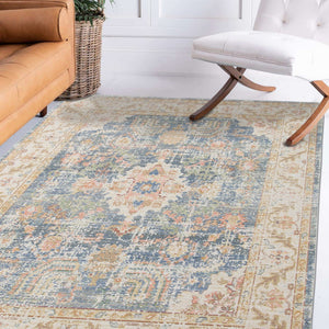 HomeRoots 9' Coral and Blue Floral Area Rug - Elegant, Durable Design for High-Traffic Spaces and Timeless Style 5' X 8' 532008