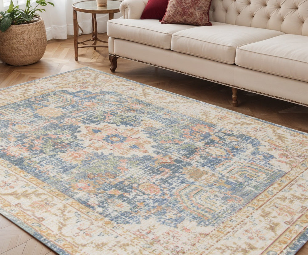 HomeRoots 9' Coral and Blue Floral Area Rug - Elegant, Durable Design for High-Traffic Spaces and Timeless Style 5' X 8' 532008