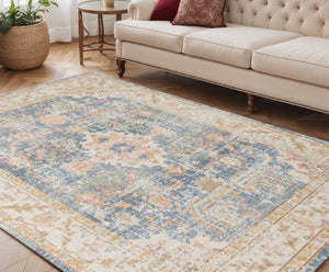 HomeRoots 9' Coral and Blue Floral Area Rug - Elegant, Durable Design for High-Traffic Spaces and Timeless Style 5' X 8' 532008
