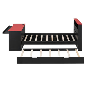 English Elm Twin Wood Gaming Daybed with Trundle Built-in Desk Rgb Lighting and Usb Port Black+Red LT000283AAR