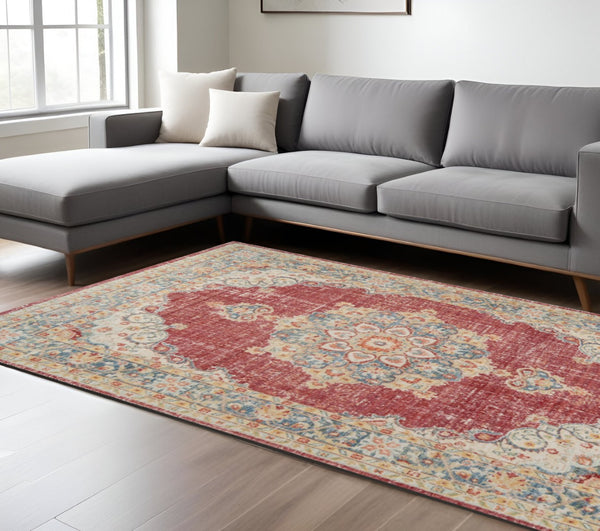 HomeRoots 9' Timeless Ivory Red and Blue Medallion Area Rug for Classic Elegance and Durable Comfort 9' X 13' 532010