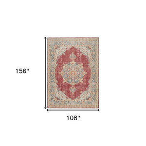 HomeRoots 9' Timeless Ivory Red and Blue Medallion Area Rug for Classic Elegance and Durable Comfort 9' X 13' 532010