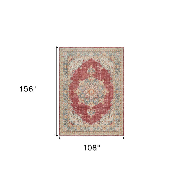 HomeRoots 9' Timeless Ivory Red and Blue Medallion Area Rug for Classic Elegance and Durable Comfort 9' X 13' 532010