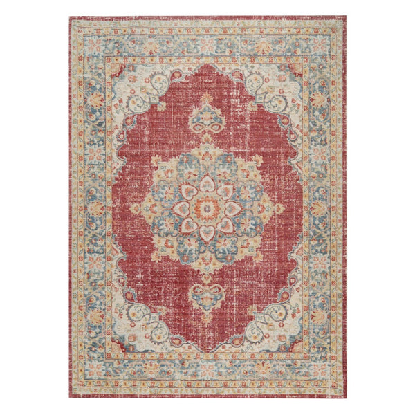 HomeRoots 9' Timeless Ivory Red and Blue Medallion Area Rug for Classic Elegance and Durable Comfort 5' X 8' 532013