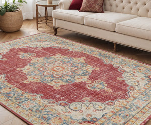 HomeRoots 9' Timeless Ivory Red and Blue Medallion Area Rug for Classic Elegance and Durable Comfort 5' X 8' 532013