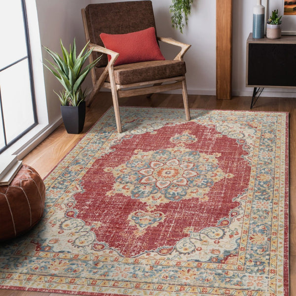HomeRoots 9' Timeless Ivory Red and Blue Medallion Area Rug for Classic Elegance and Durable Comfort 5' X 8' 532013