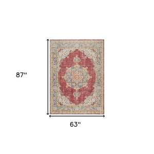 HomeRoots 9' Timeless Ivory Red and Blue Medallion Area Rug for Classic Elegance and Durable Comfort 5' X 8' 532013