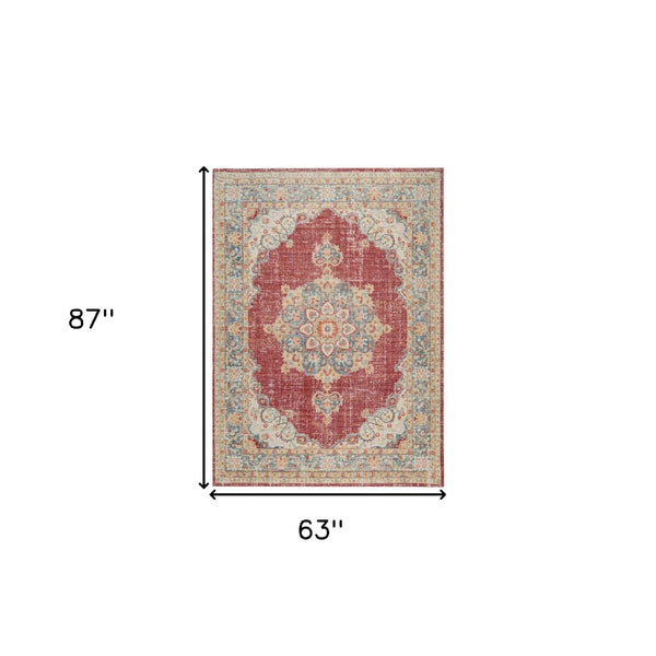 HomeRoots 9' Timeless Ivory Red and Blue Medallion Area Rug for Classic Elegance and Durable Comfort 5' X 8' 532013