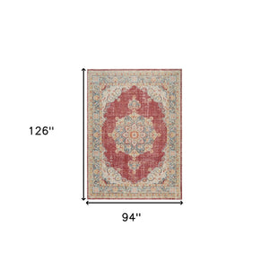 HomeRoots 9' Timeless Ivory Red and Blue Medallion Area Rug for Classic Elegance and Durable Comfort 8' X 10' 532014