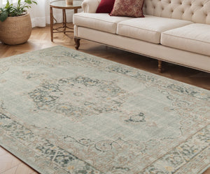 HomeRoots 9' Timeless Ivory Red and Blue Medallion Area Rug for Classic Elegance and Durable Comfort 5' X 8' 532018