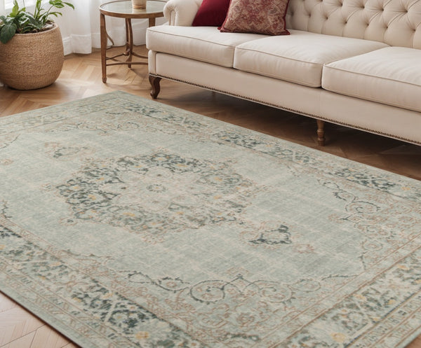 HomeRoots 9' Timeless Ivory Red and Blue Medallion Area Rug for Classic Elegance and Durable Comfort 5' X 8' 532018