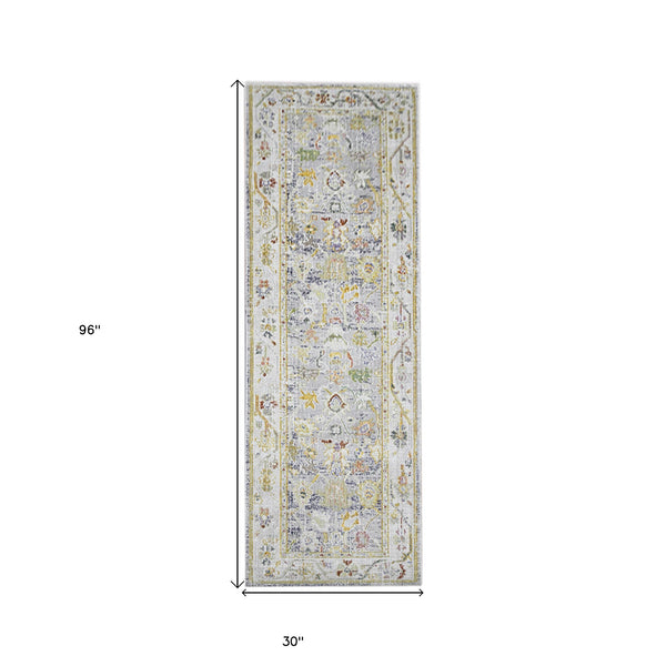 Homeroots 8' Charcoal And Ivory Floral Power Loom Runner Rug  Polyester 532021