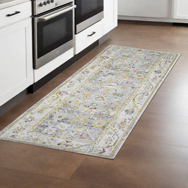 Homeroots 8' Charcoal And Ivory Floral Power Loom Runner Rug  Polyester 532021