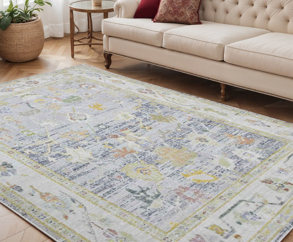 HomeRoots 9' Elegant Floral Area Rug in Ivory, Blue & Green - Durable, Timeless Style for Any Room Decor 5' X 8' 532023