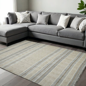 HomeRoots 5' Handmade Flatweave Distressed Area Rug in Gray and Brown with Fringe for Stylish Living Spaces 8' X 10' 532038