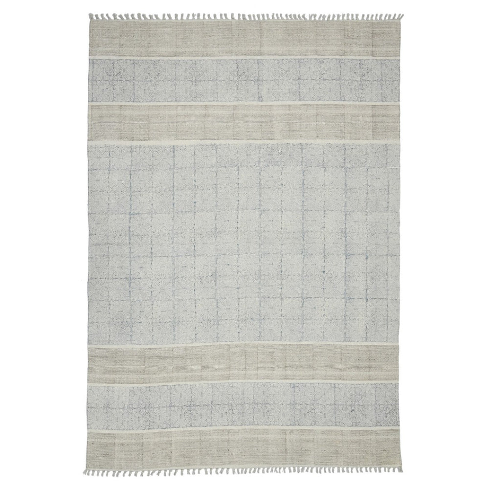HomeRoots 5' Handmade Distressed Blue and Gray Striped Flatweave Area Rug with Fringed Tassels for Style 5' X 8' 532041