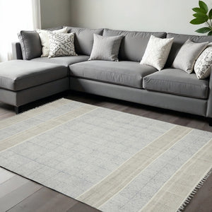 HomeRoots 5' Handmade Distressed Blue and Gray Striped Flatweave Area Rug with Fringed Tassels for Style 9' X 12' 532044