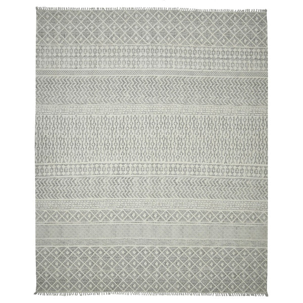 HomeRoots 5' Gray and Ivory Geometric Handmade Flatweave Area Rug with Fringe for Modern Living Spaces 5' X 8' 532046