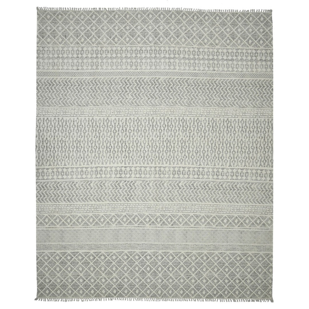HomeRoots 5' Gray and Ivory Geometric Handmade Flatweave Area Rug with Fringe for Modern Living Spaces 8' X 10' 532048
