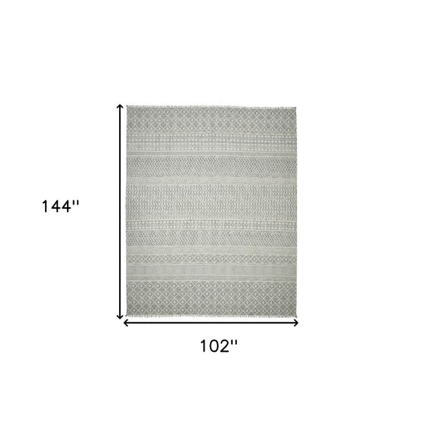 HomeRoots 5' Gray and Ivory Geometric Handmade Flatweave Area Rug with Fringe for Modern Living Spaces 9' X 12' 532049