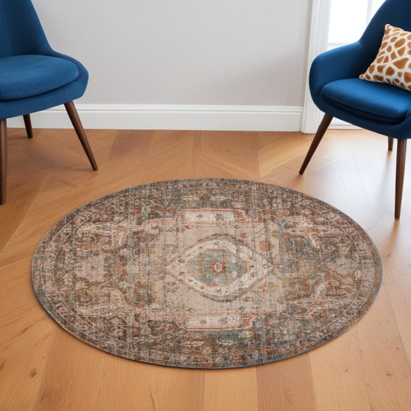 HomeRoots 6' Medallion Area Rug in Beige, Gray & Taupe – Durable, Stylish & Perfect for High-Traffic Spaces 6' Round 532059