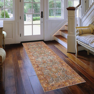 HomeRoots 7' Teal and Orange Medallion Vintage Runner Rug - Durable, Stain-Resistant, Perfect for High-Traffic Areas 7' Runner 532064