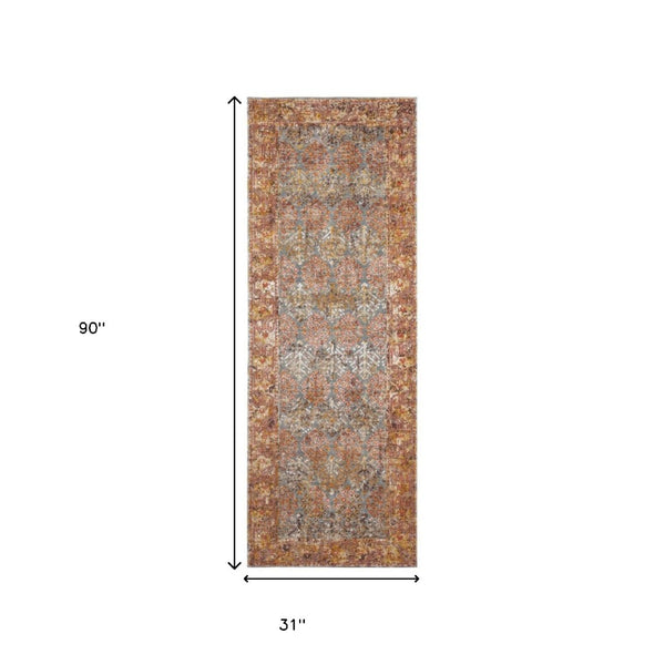 HomeRoots 7' Teal and Orange Medallion Vintage Runner Rug - Durable, Stain-Resistant, Perfect for High-Traffic Areas 7' Runner 532064