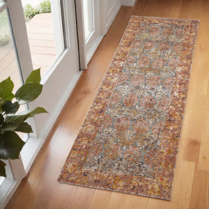 HomeRoots 7' Teal and Orange Medallion Vintage Runner Rug - Durable, Stain-Resistant, Perfect for High-Traffic Areas 7' Runner 532064