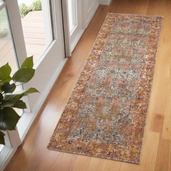 HomeRoots 7' Teal and Orange Medallion Vintage Runner Rug - Durable, Stain-Resistant, Perfect for High-Traffic Areas 7' Runner 532064