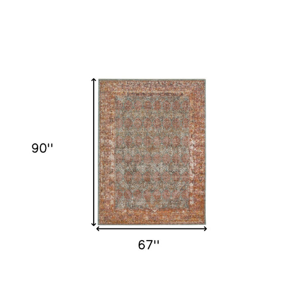 HomeRoots 7' Teal and Orange Medallion Vintage Runner Rug - Durable, Stain-Resistant, Perfect for High-Traffic Areas 6' X 8' 532066
