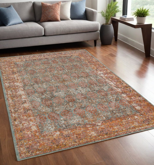 HomeRoots 7' Teal and Orange Medallion Vintage Runner Rug - Durable, Stain-Resistant, Perfect for High-Traffic Areas 6' X 8' 532066