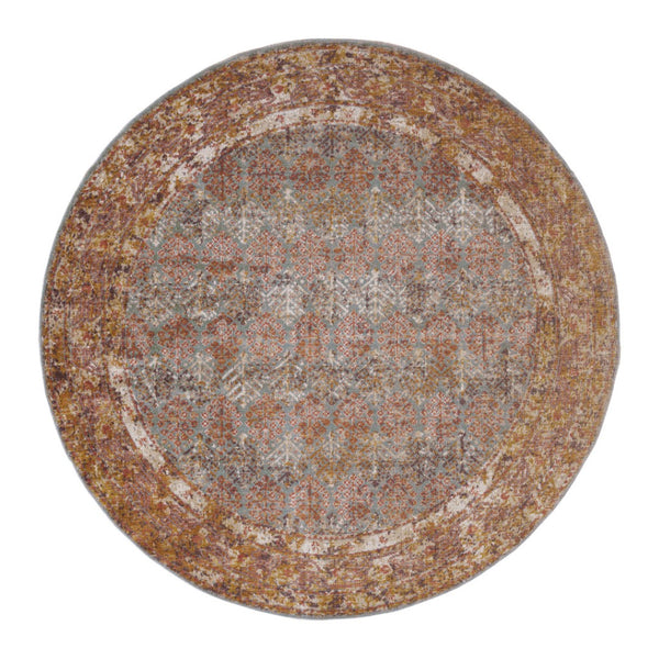 HomeRoots 7' Teal and Orange Medallion Vintage Runner Rug - Durable, Stain-Resistant, Perfect for High-Traffic Areas 6' Round 532067