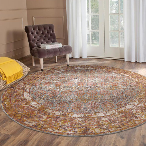 HomeRoots 7' Teal and Orange Medallion Vintage Runner Rug - Durable, Stain-Resistant, Perfect for High-Traffic Areas 6' Round 532067