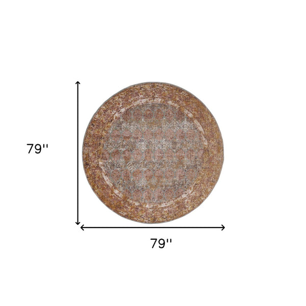 HomeRoots 7' Teal and Orange Medallion Vintage Runner Rug - Durable, Stain-Resistant, Perfect for High-Traffic Areas 6' Round 532067